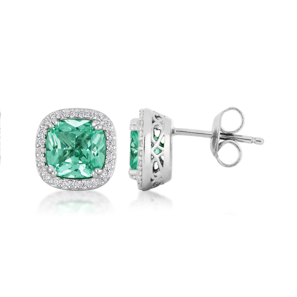 Cushion and Round Brilliant halo stud earrings with ocean green simulants and 0.25 carats* of diamond simulants in sterling silver