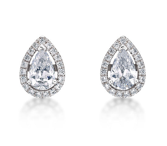 Pear and Round Brilliant stud earrings with 1.87 carats* of diamond simulants in 10 carat white gold