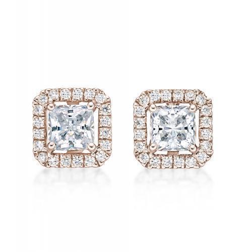 Princess Cut and Round Brilliant stud earrings with 1.69 carats* of diamond simulants in 10 carat rose gold