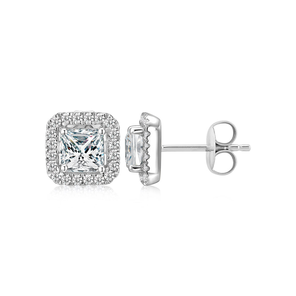 Princess Cut and Round Brilliant stud earrings with 1.69 carats* of diamond simulants in 10 carat white gold