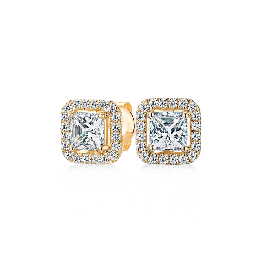 Princess Cut and Round Brilliant stud earrings with 1.69 carats* of diamond simulants in 10 carat yellow gold