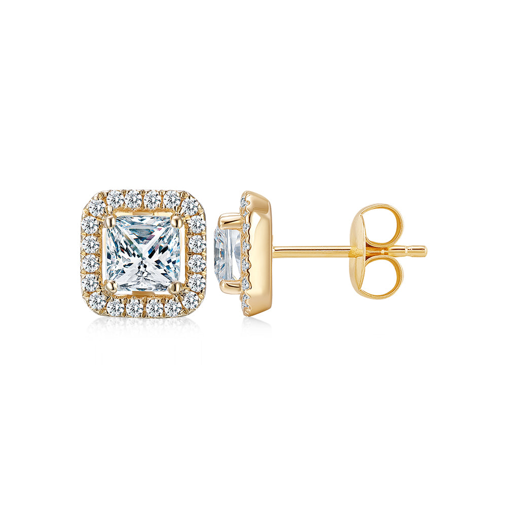 Princess Cut and Round Brilliant stud earrings with 1.69 carats* of diamond simulants in 10 carat yellow gold