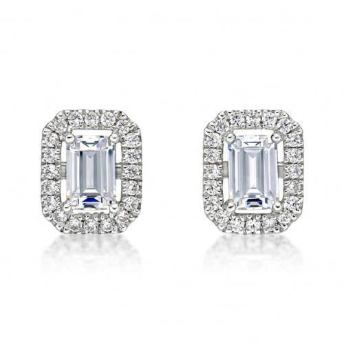 Small Emerald Cut Halo Earrings in White Gold