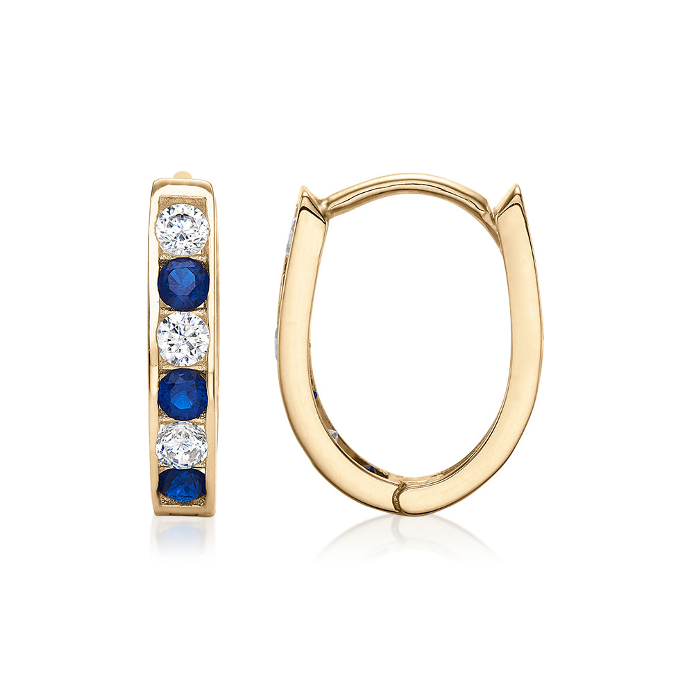 Round Brilliant hoop earrings with ceylon sapphire and diamond simulants in 10 carat yellow gold