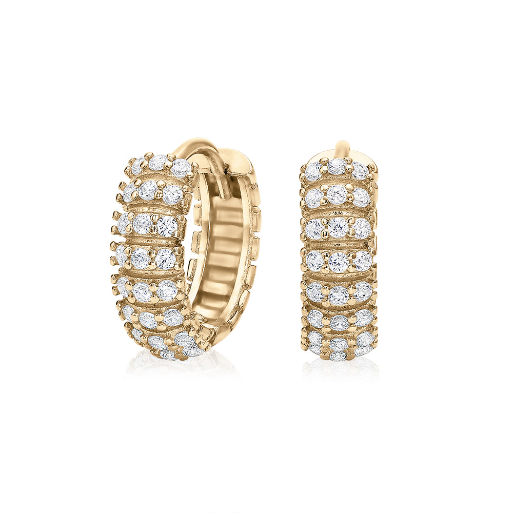 Round Brilliant hoop earrings with diamond simulants in 10 carat yellow gold