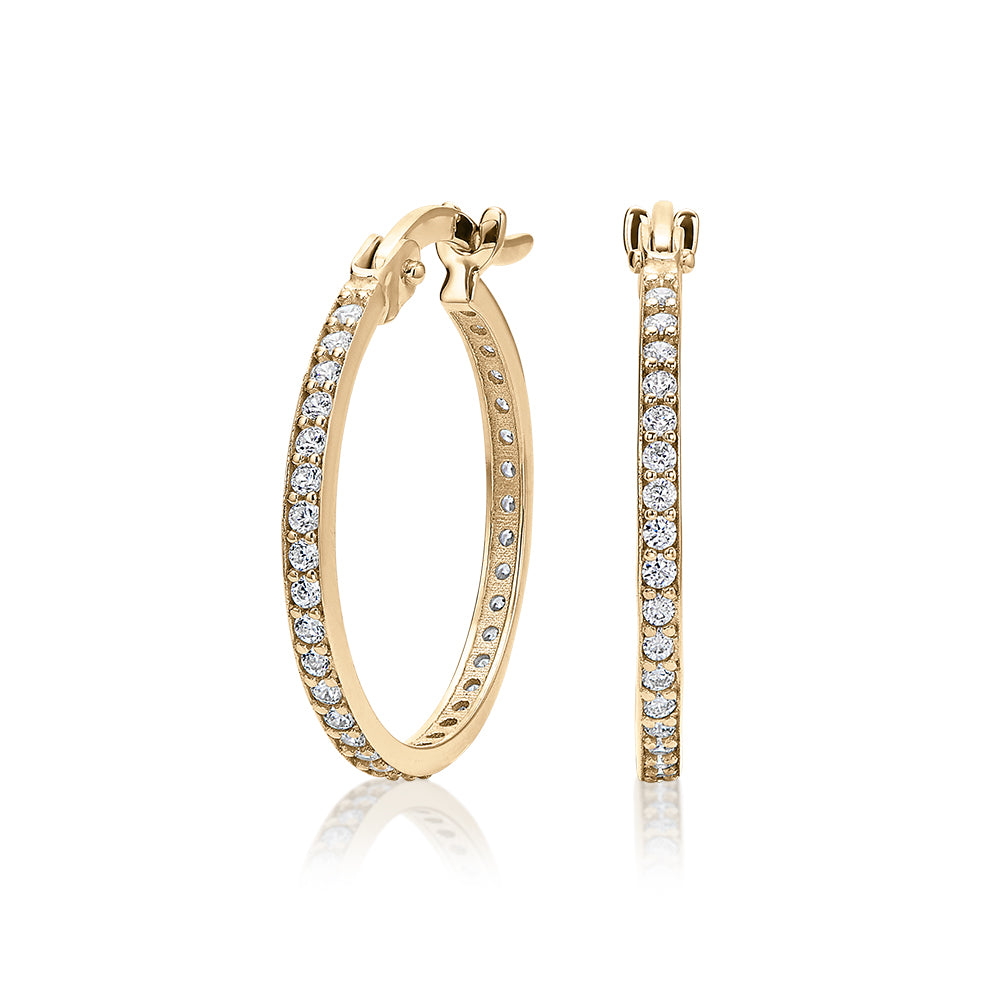 Round Brilliant hoop earrings with diamond simulants in 10 carat yellow gold