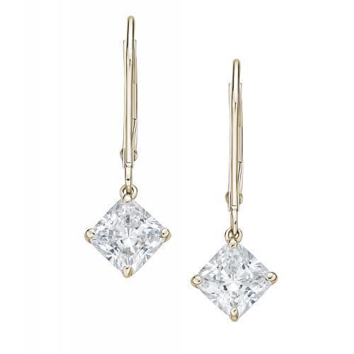 Princess Cut drop earrings with 2 carats* of diamond simulants in 10 carat yellow gold
