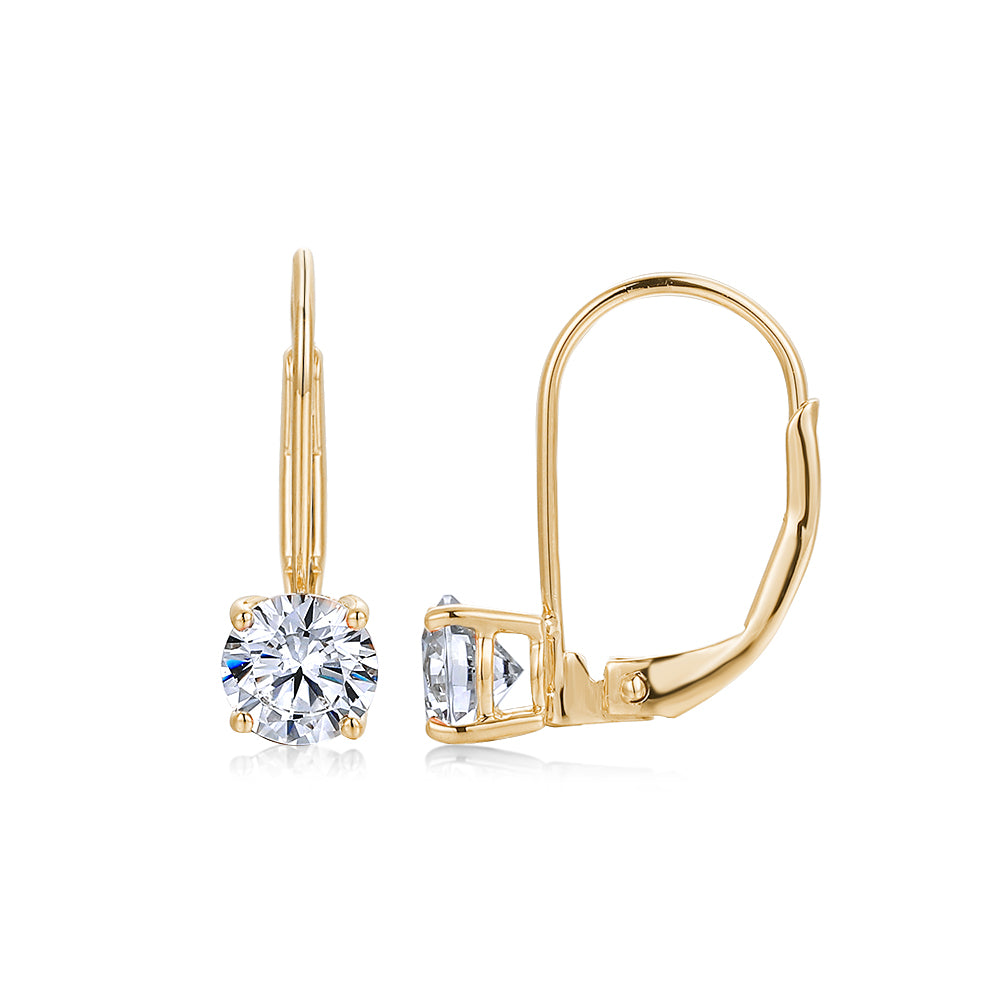 Round Brilliant drop earrings with 1 carat* of diamond simulants in 10 carat yellow gold