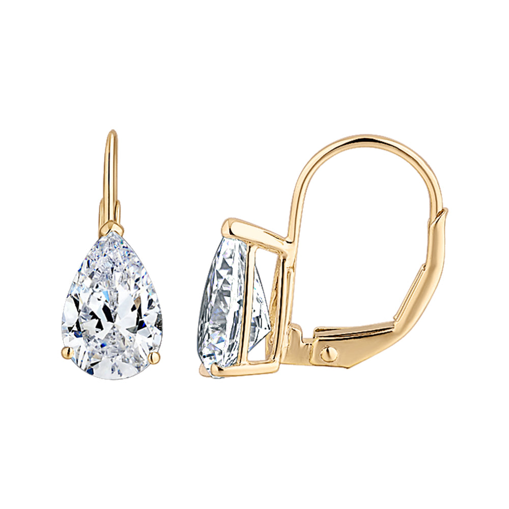 Pear drop earrings with 2 carats* of diamond simulants in 10 carat yellow gold