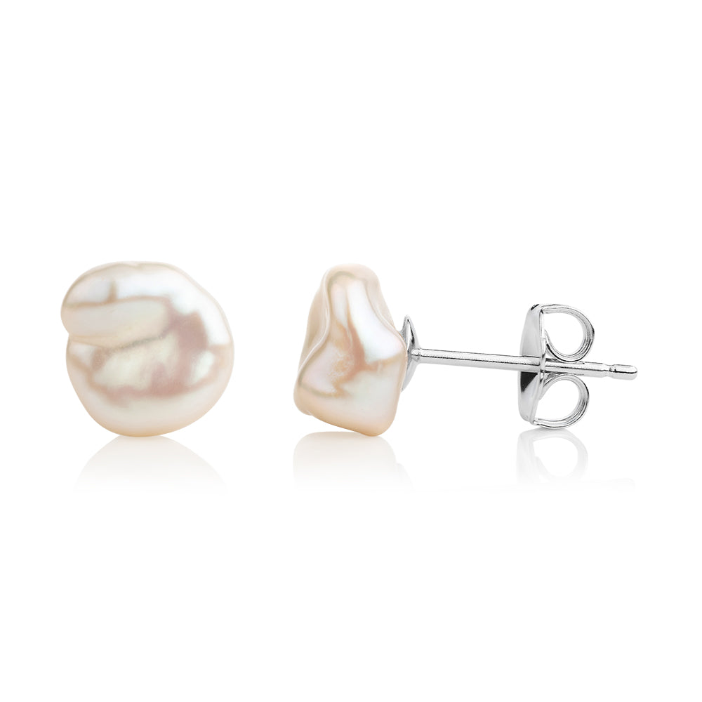 Cultured freshwater baroque pearl 8mm stud earrings in sterling silver