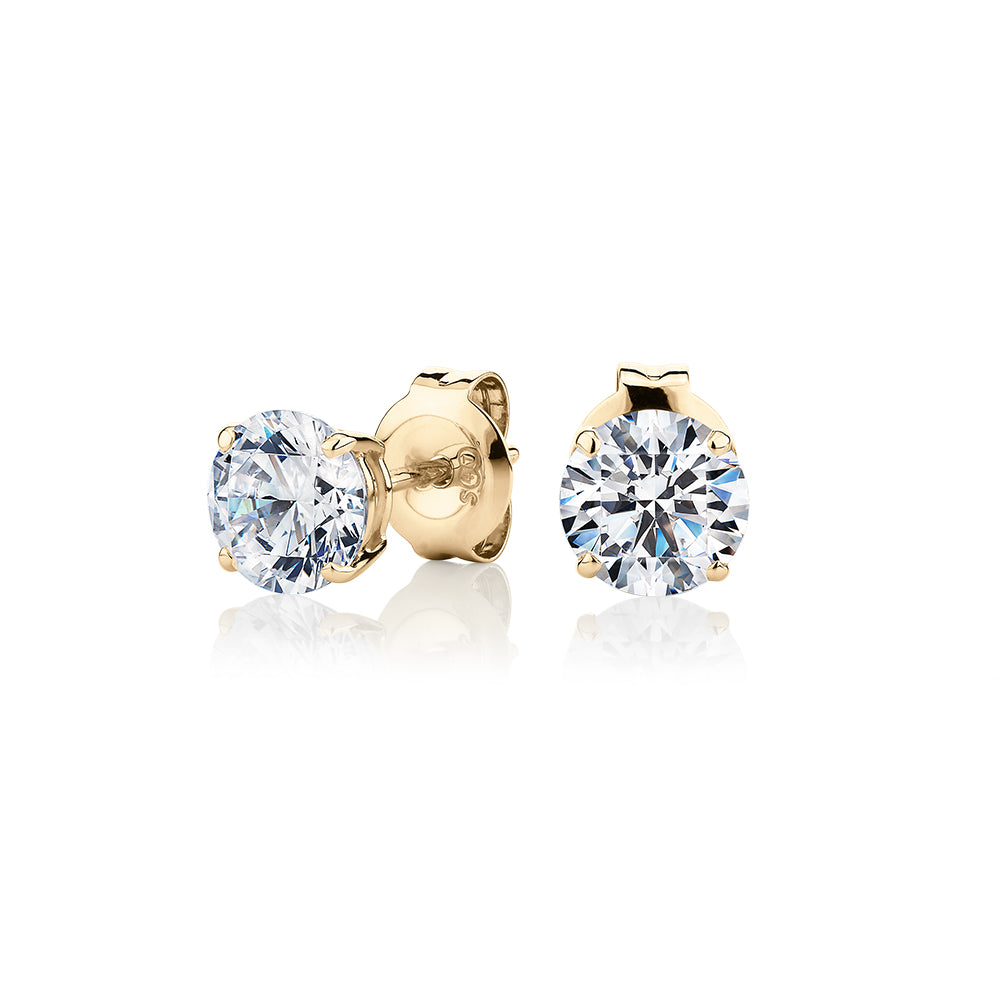 Round Brilliant stud earrings with 1.5 carats* of diamond simulants in 10 carat yellow gold