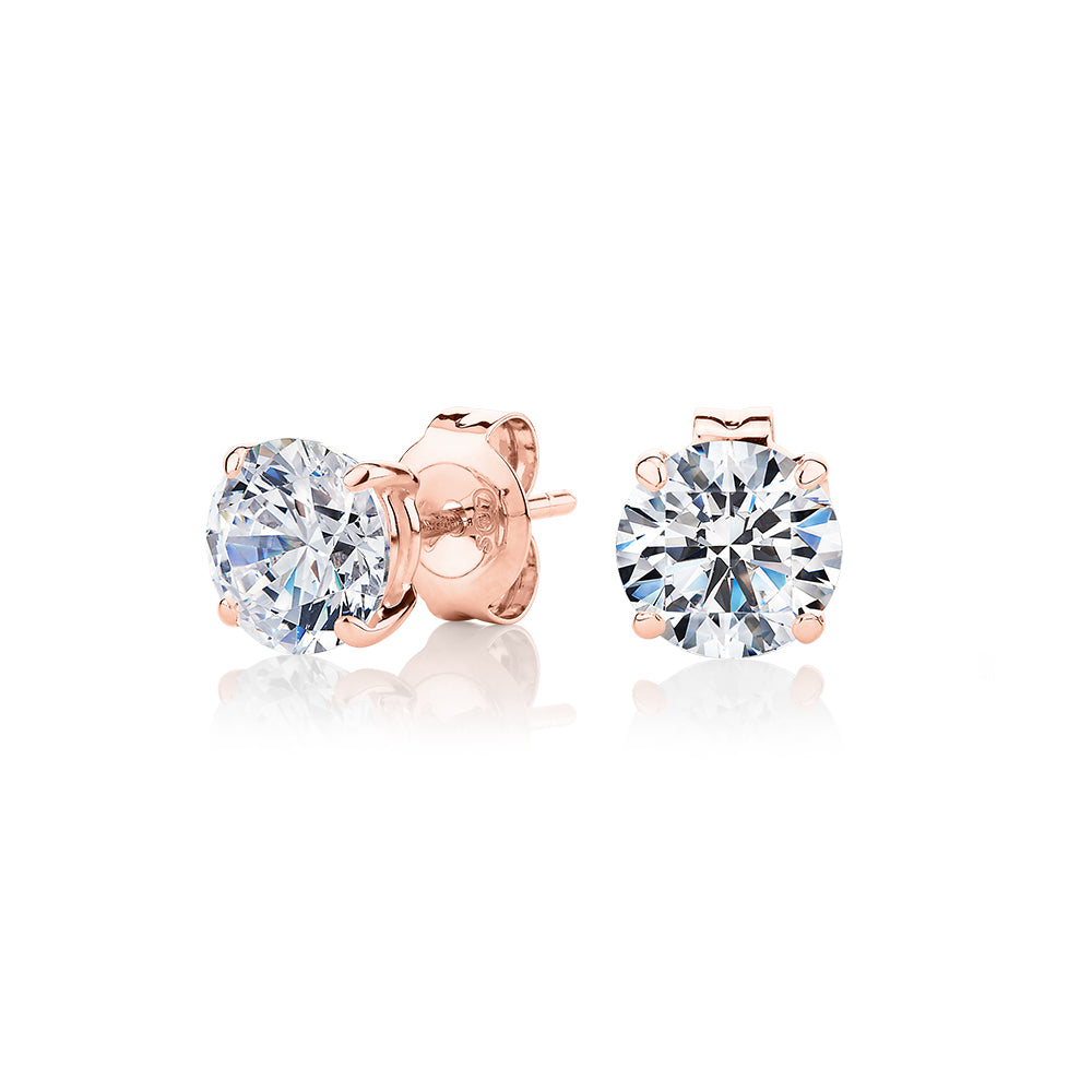 Round Brilliant stud earrings with 2 carats* of diamond simulants in 10 carat rose gold