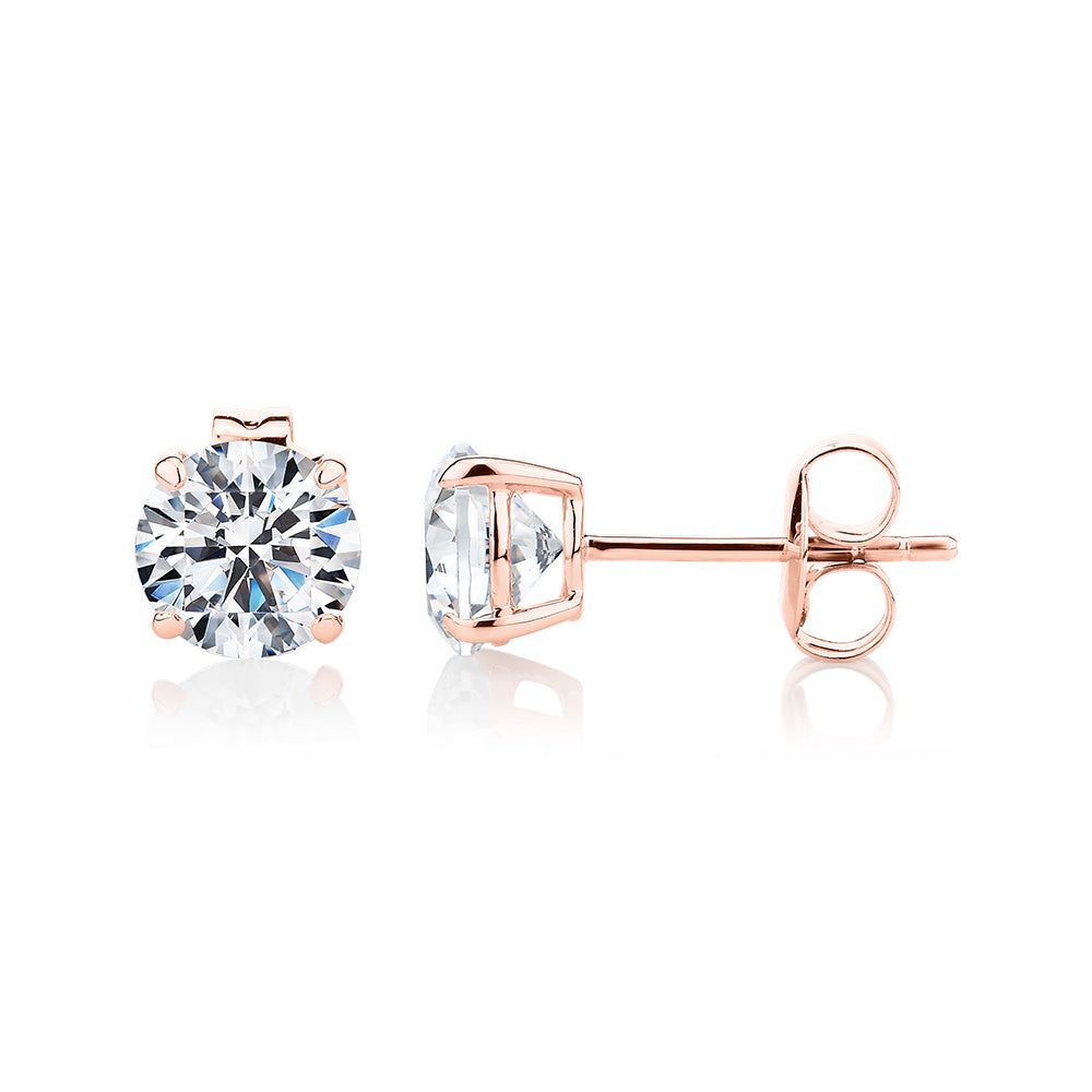 Round Brilliant stud earrings with 2 carats* of diamond simulants in 10 carat rose gold