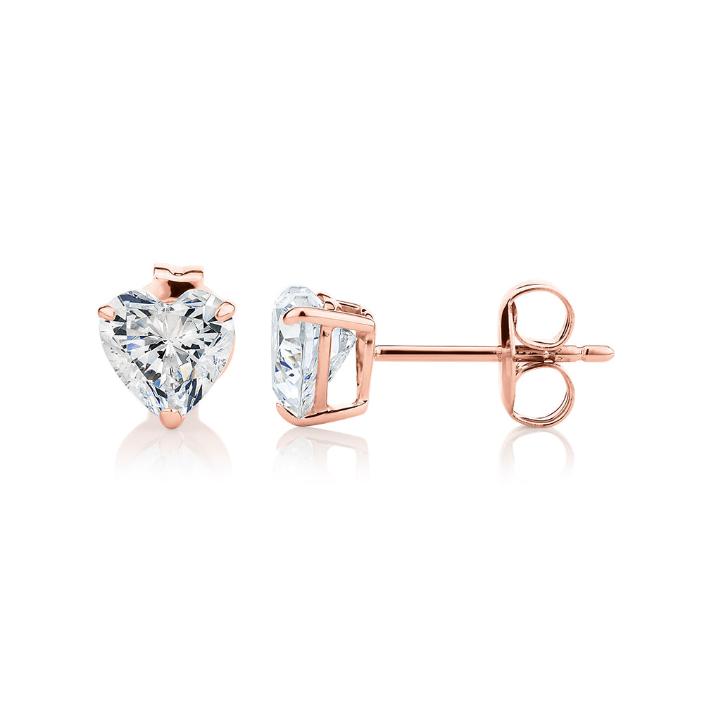 Heart stud earrings with 2 carats* of diamond simulants in 10 carat rose gold