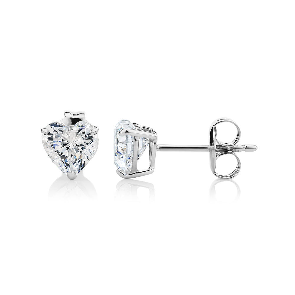 Heart stud earrings with 2 carats* of diamond simulants in 10 carat white gold