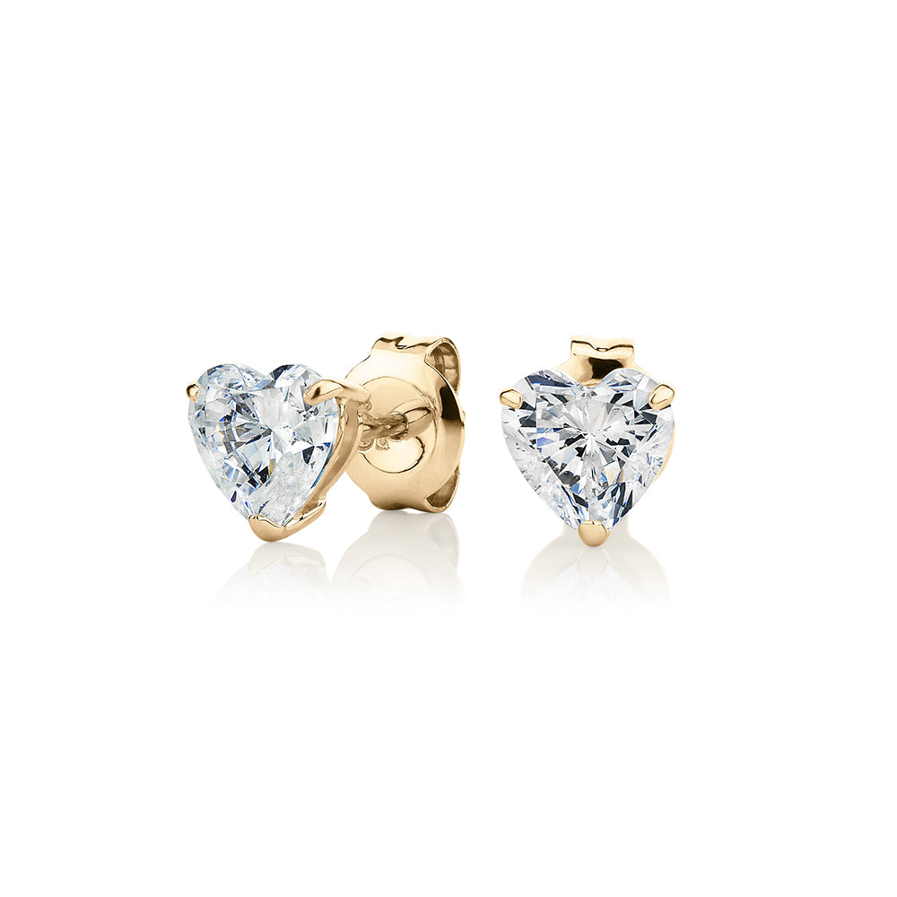 Heart stud earrings with 2 carats* of diamond simulants in 10 carat yellow gold