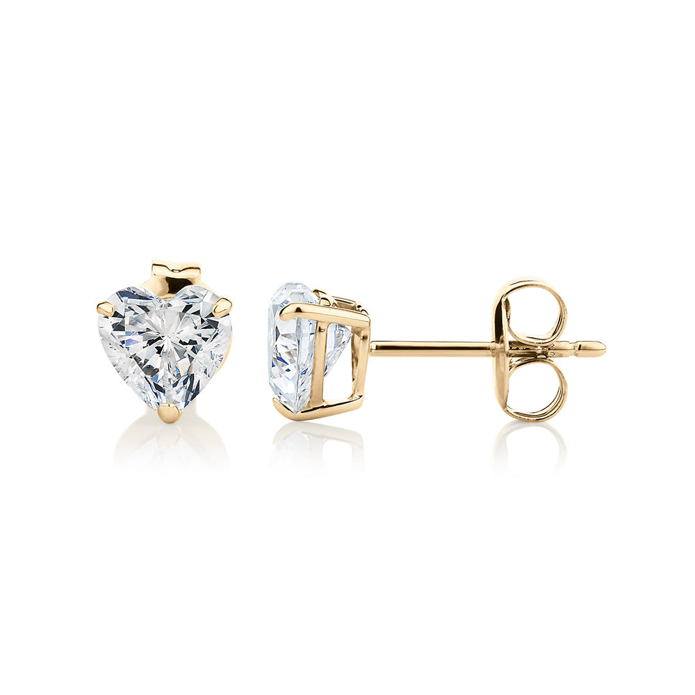 Heart stud earrings with 2 carats* of diamond simulants in 10 carat yellow gold