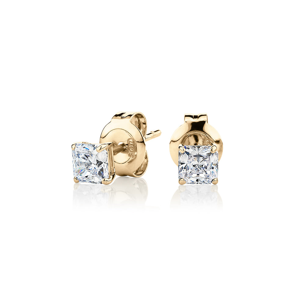 Princess Cut stud earrings with 0.5 carats* of diamond simulants in 10 carat yellow gold