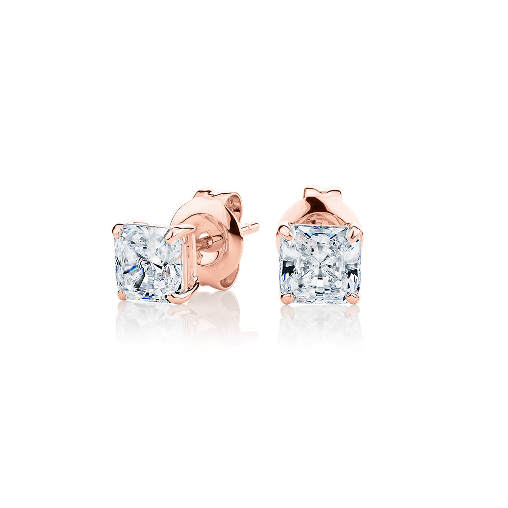 Princess Cut stud earrings with 1 carat* of diamond simulants in 10 carat rose gold
