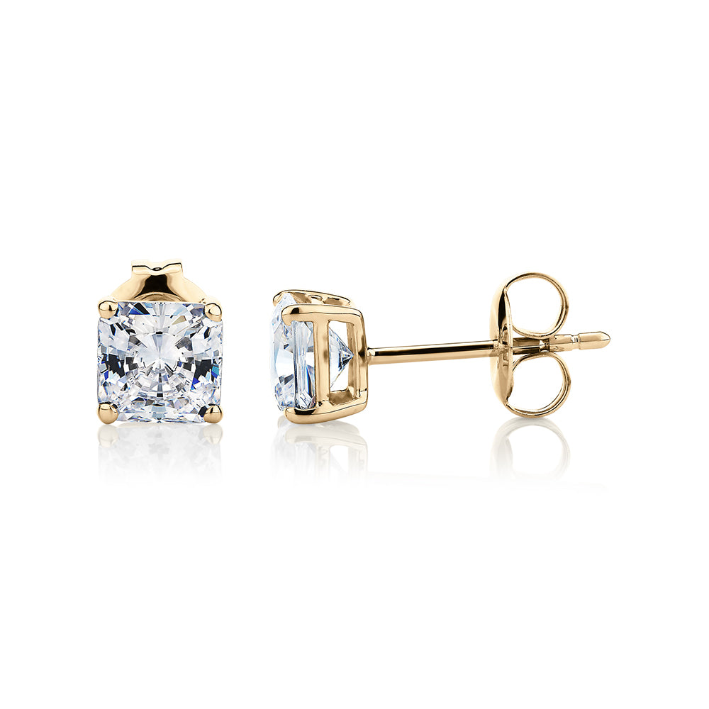 Princess Cut stud earrings with 1.5 carats* of diamond simulants in 10 carat yellow gold
