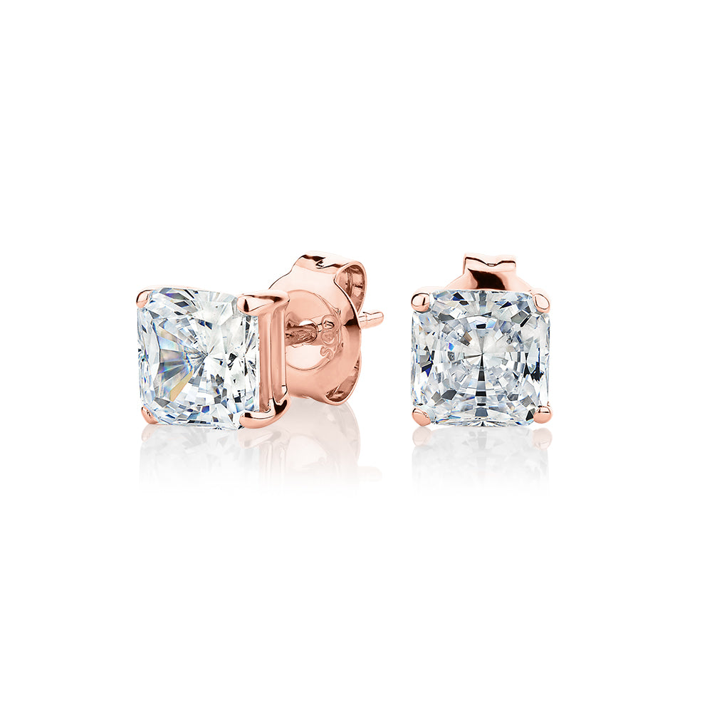Princess Cut stud earrings with 2 carats* of diamond simulants in 10 carat rose gold