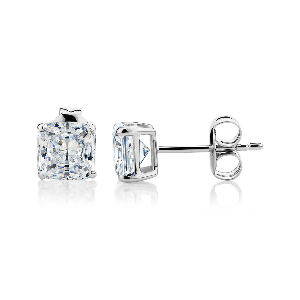Princess Cut stud earrings with 2 carats* of diamond simulants in 10 carat white gold