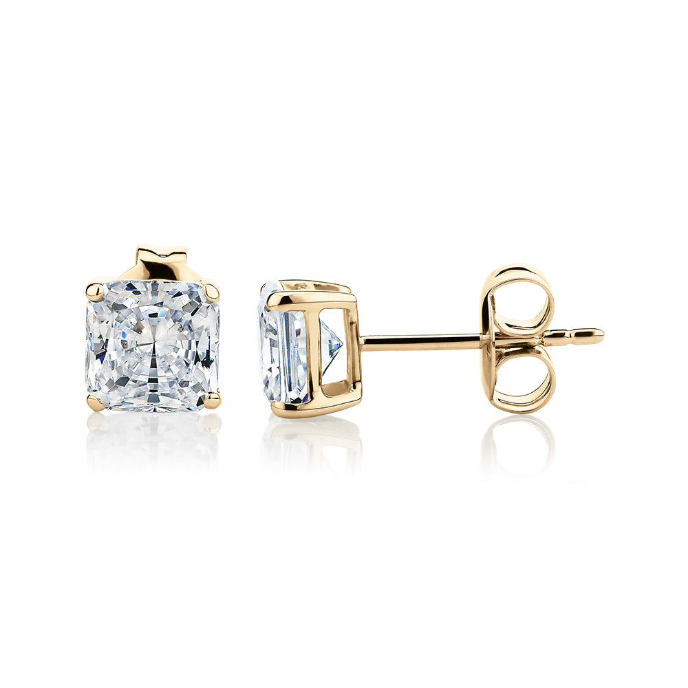 Princess Cut stud earrings with 2 carats* of diamond simulants in 10 carat yellow gold