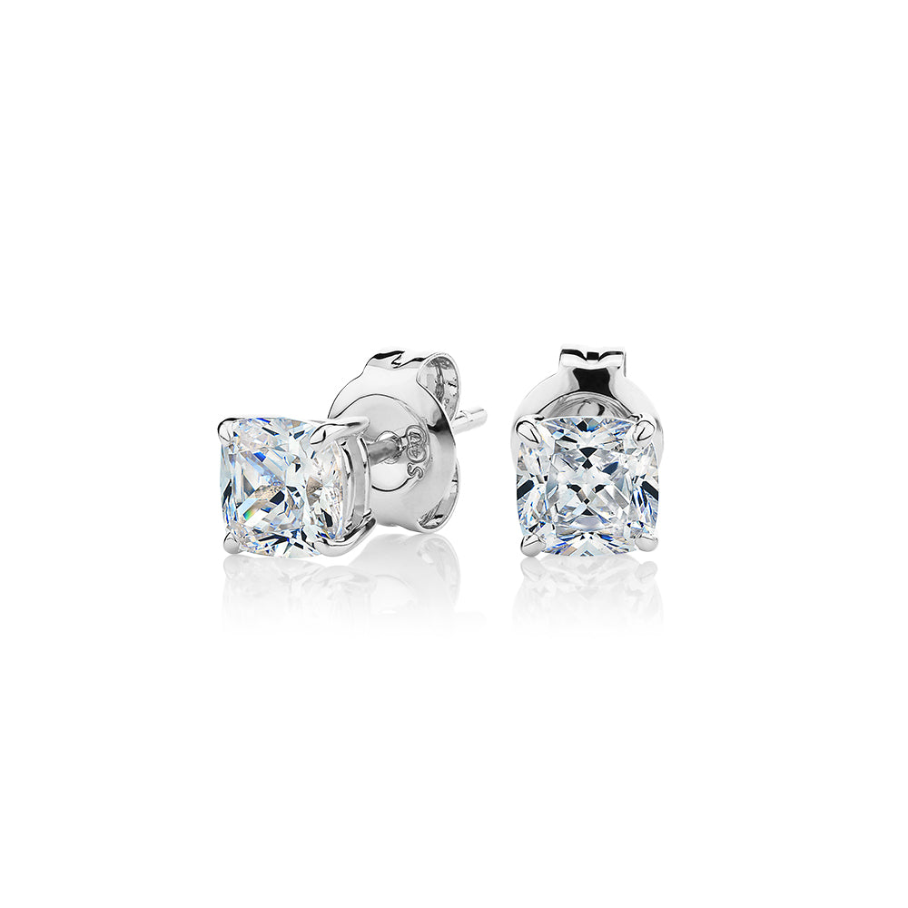 Cushion stud earrings with 1 carat* of diamond simulants in 10 carat white gold