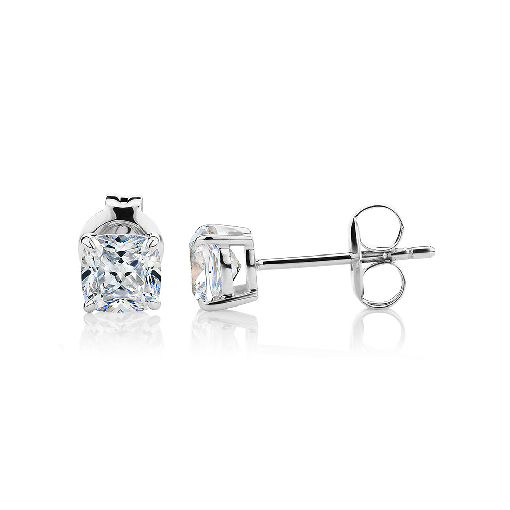 Cushion stud earrings with 1 carat* of diamond simulants in 10 carat white gold