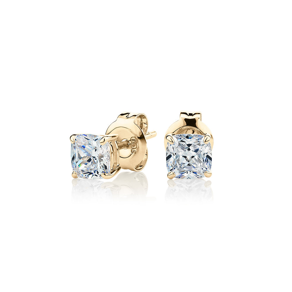 Cushion stud earrings with 1 carat* of diamond simulants in 10 carat yellow gold
