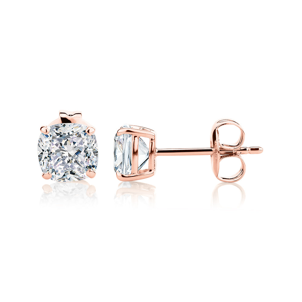 Cushion stud earrings with 2 carats* of diamond simulants in 10 carat rose gold