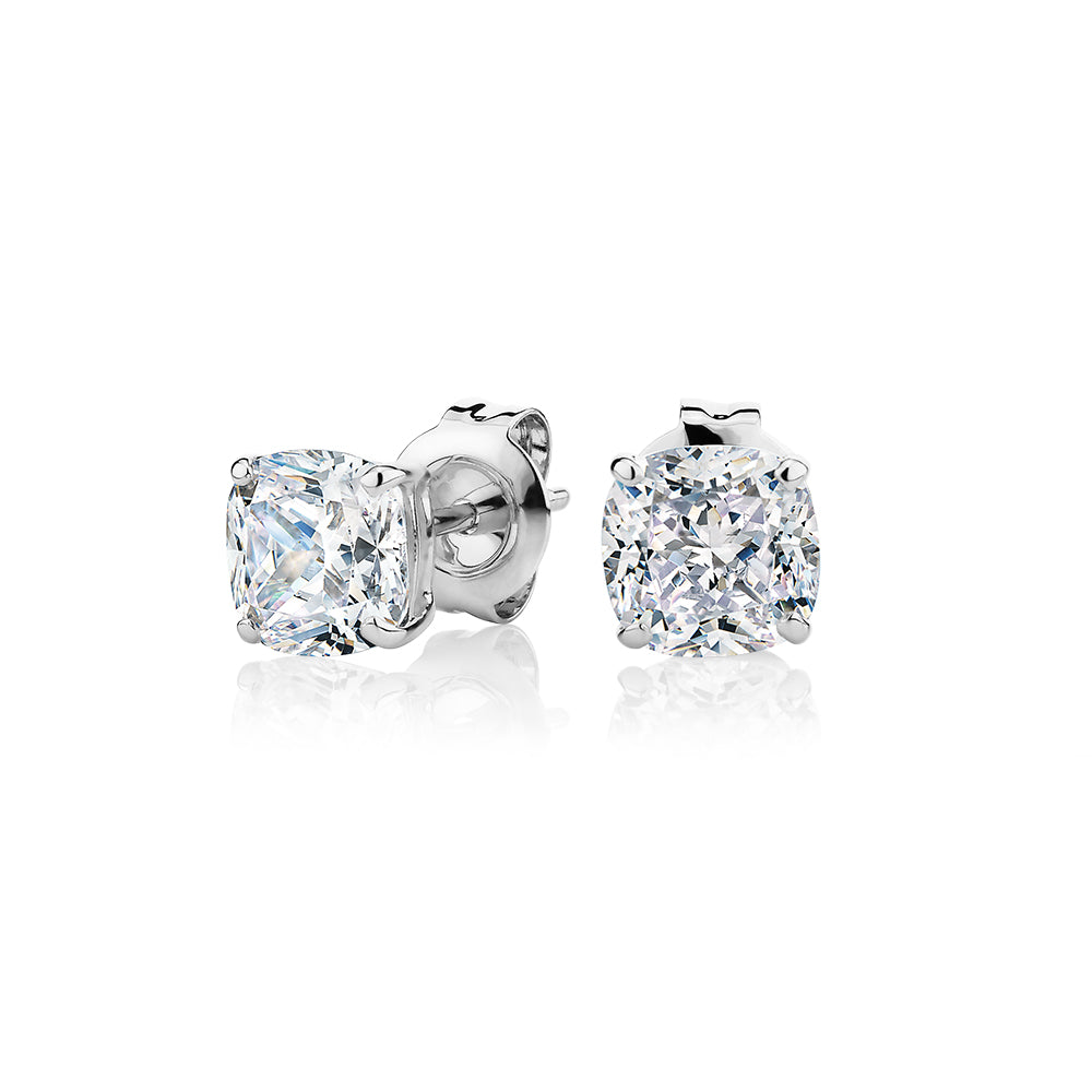 Cushion stud earrings with 2 carats* of diamond simulants in 10 carat white gold