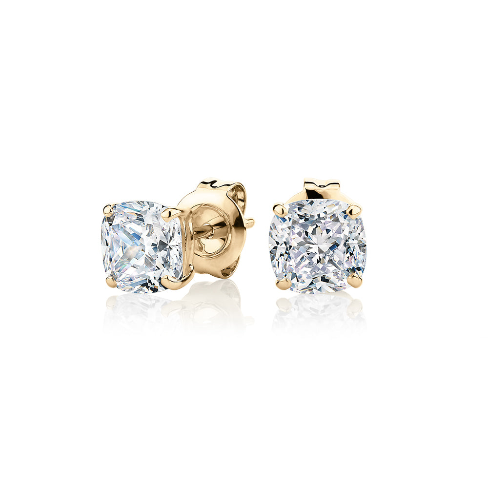 Cushion stud earrings with 2 carats* of diamond simulants in 10 carat yellow gold