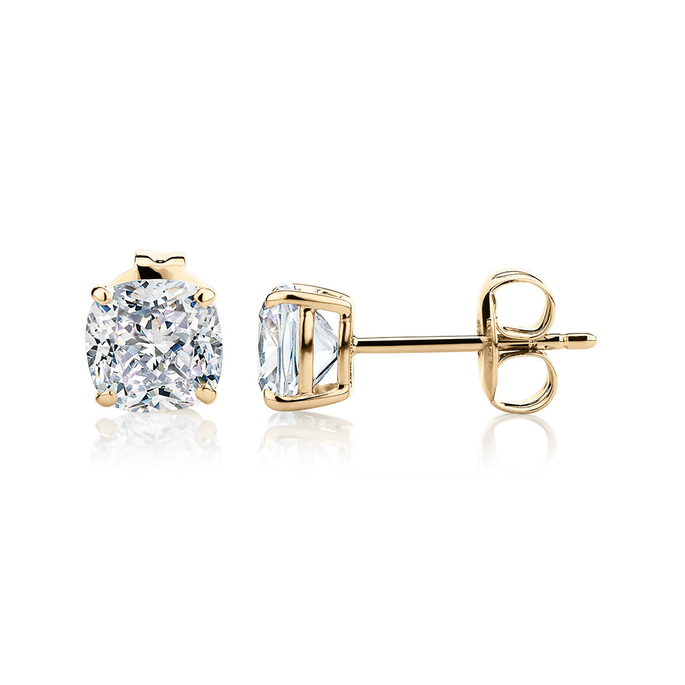 Cushion stud earrings with 2 carats* of diamond simulants in 10 carat yellow gold