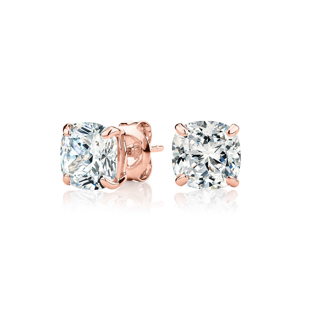 Cushion stud earrings with 3 carats* of diamond simulants in 10 carat rose gold