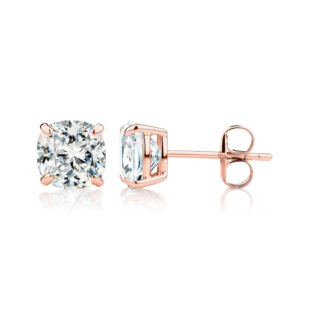 Cushion stud earrings with 3 carats* of diamond simulants in 10 carat rose gold