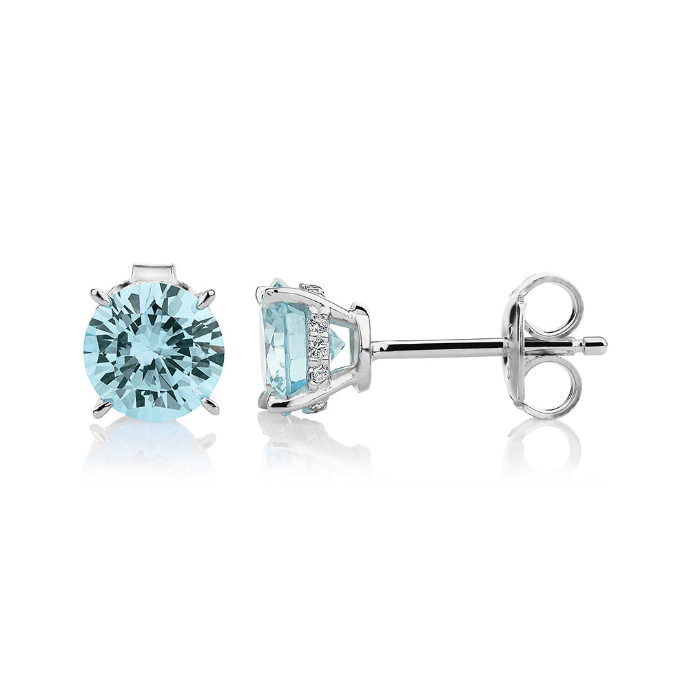 Round Brilliant stud earrings with blue topaz simulants in sterling silver