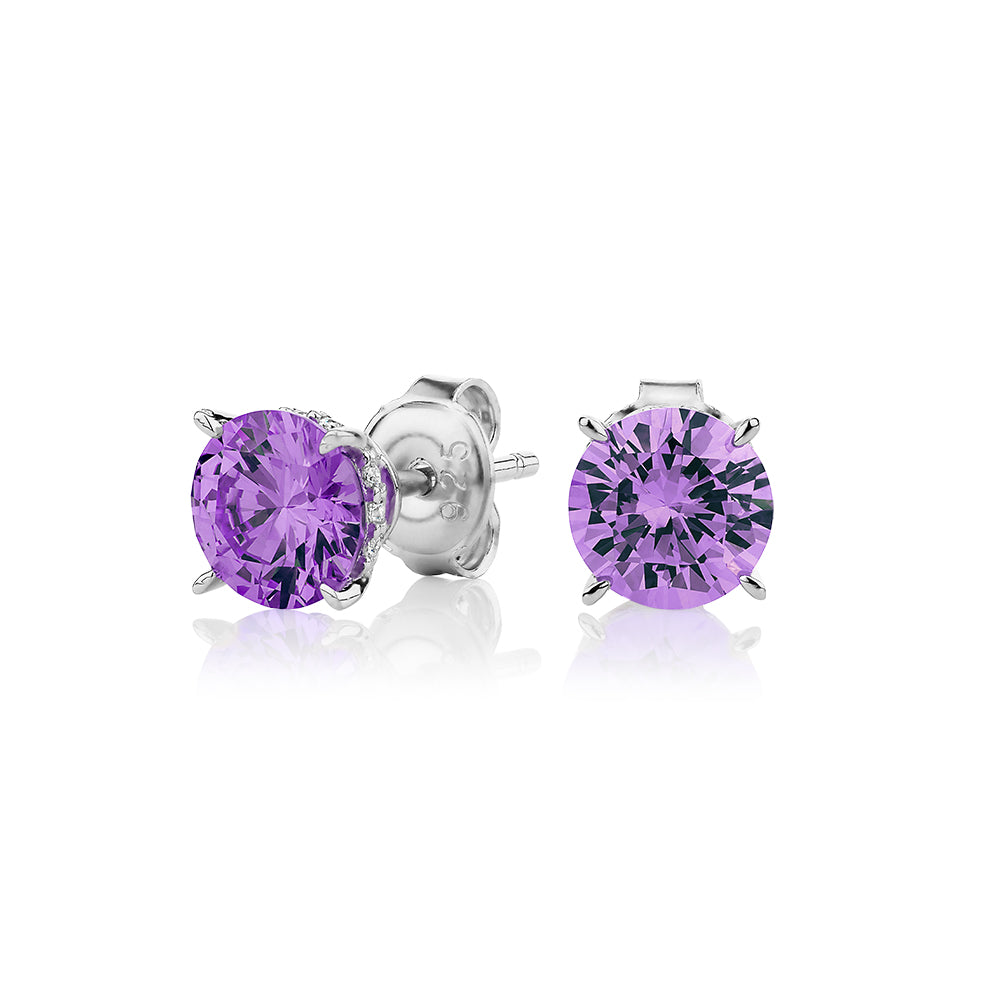 Round Brilliant stud earrings with amethyst simulants in sterling silver