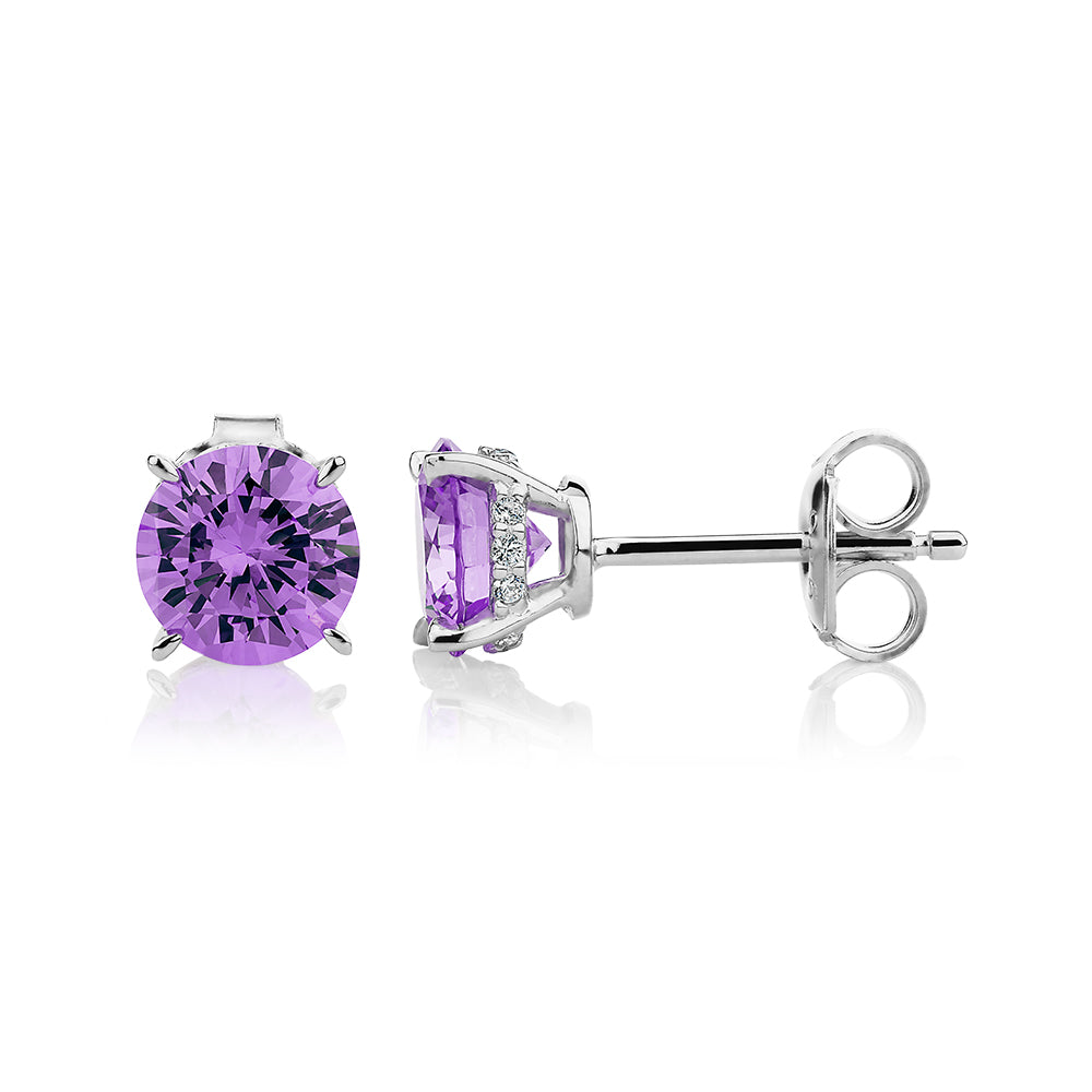 Round Brilliant stud earrings with amethyst simulants in sterling silver