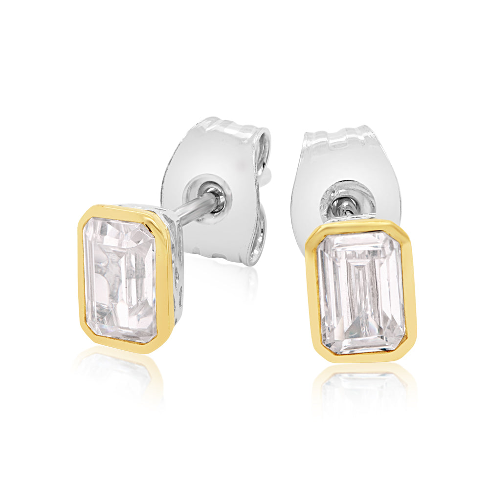 Emerald Cut stud earrings with 0.96 carats* of diamond simulants in 10 carat yellow gold and sterling silver