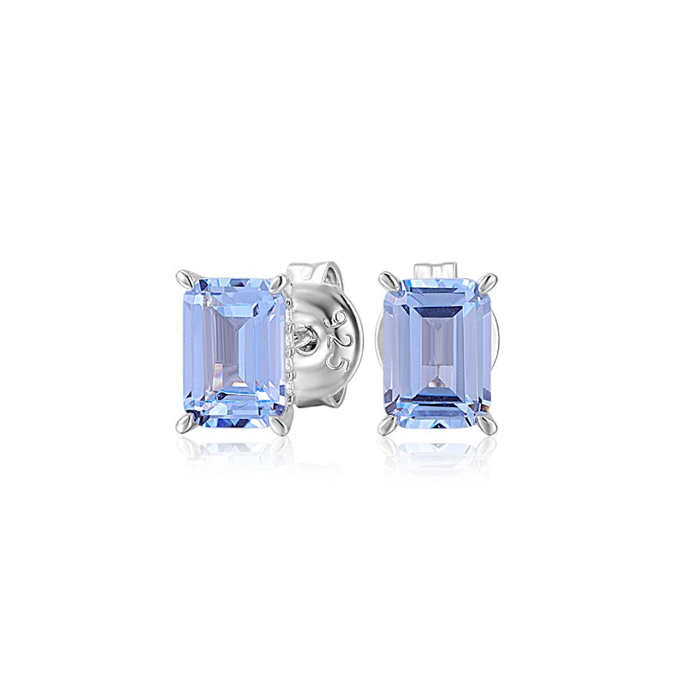 Emerald Cut stud earrings with blue topaz simulants in sterling silver
