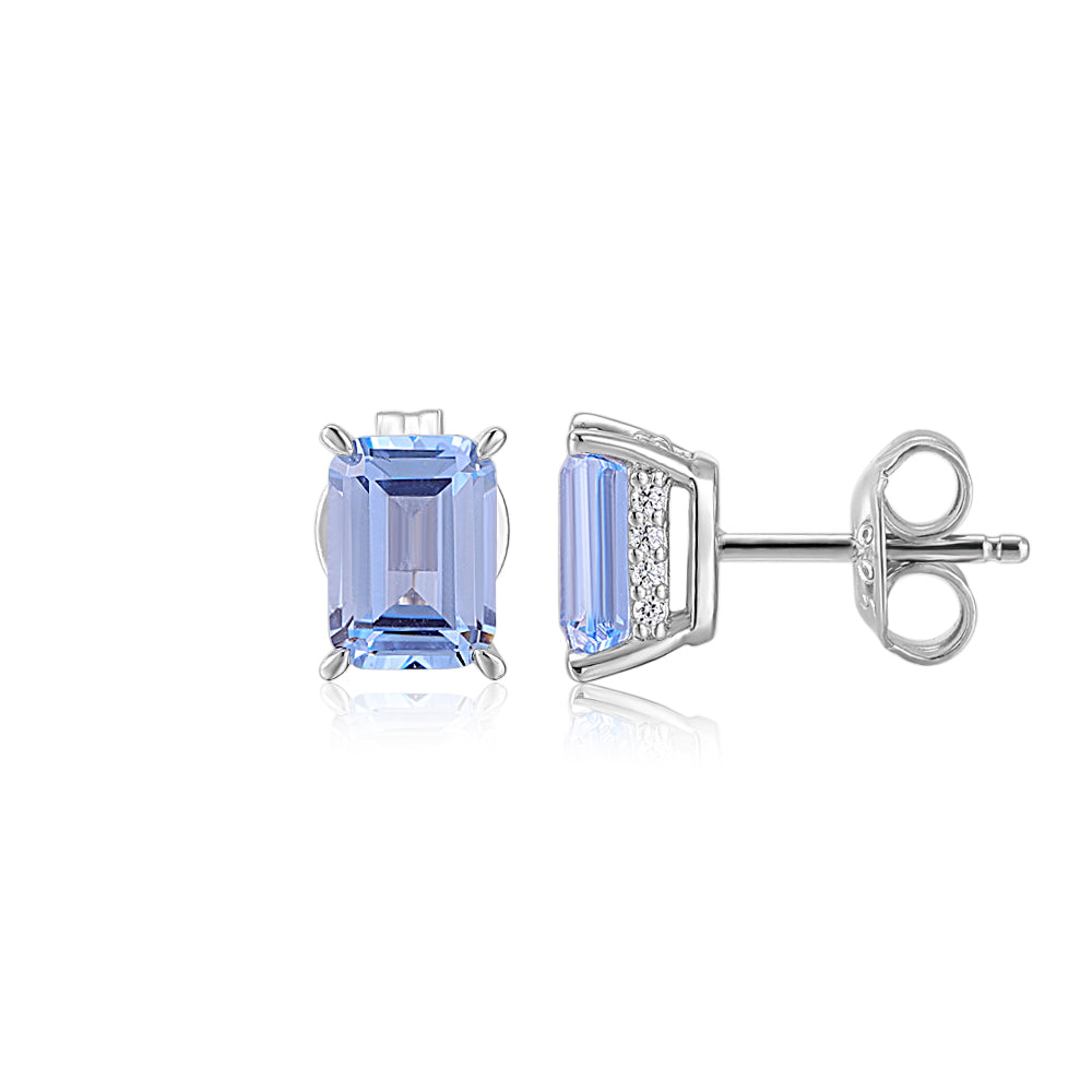 Emerald Cut stud earrings with blue topaz simulants in sterling silver