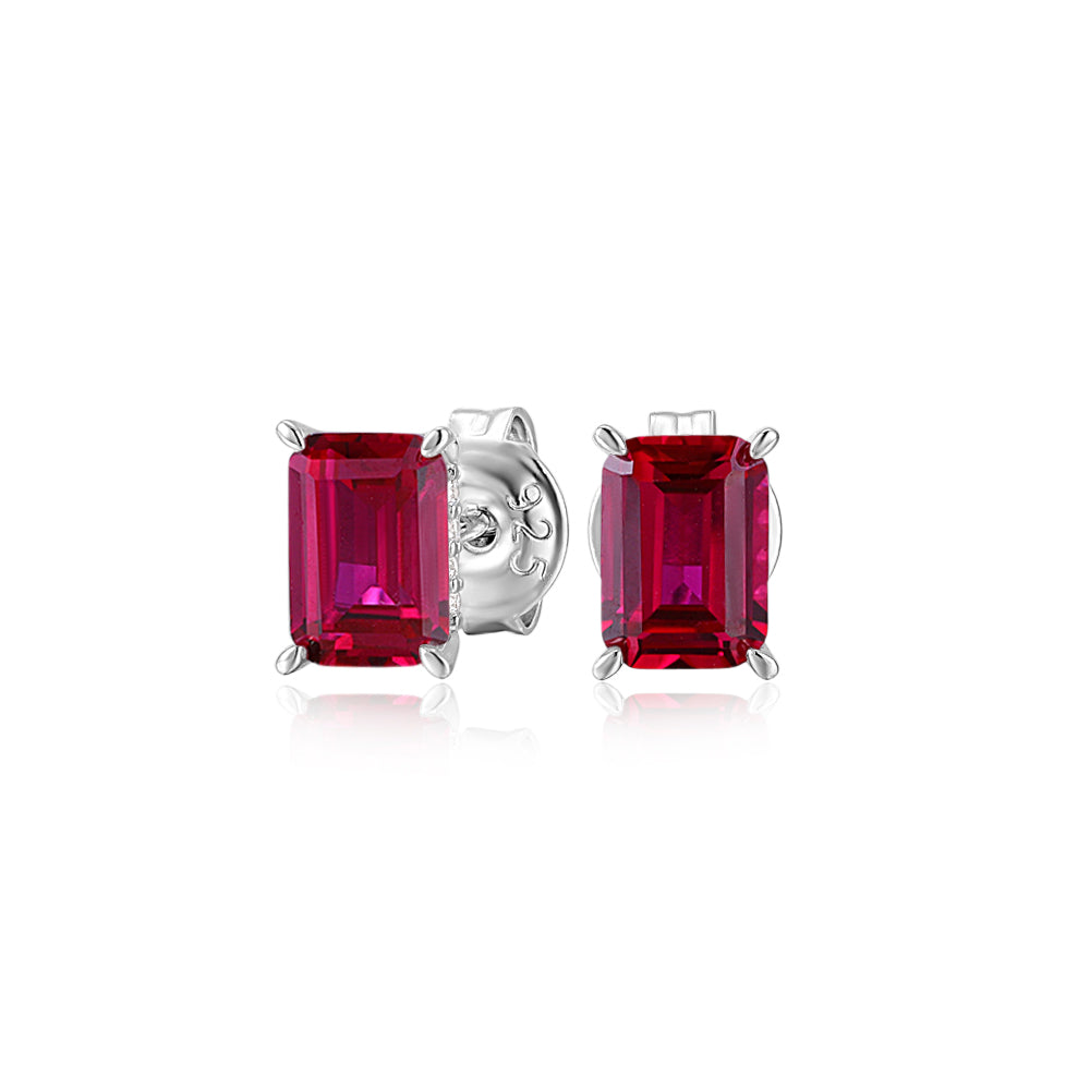 Emerald Cut stud earrings with ruby simulants in sterling silver