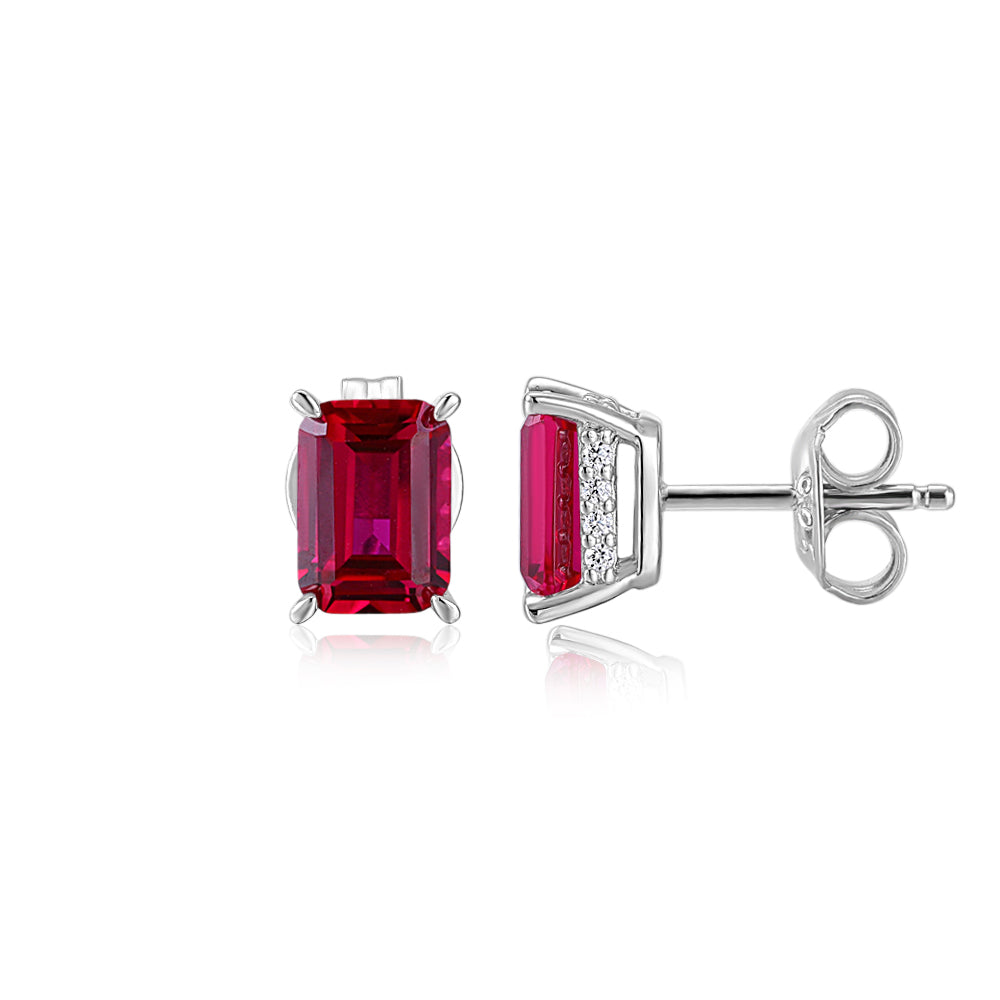 Emerald Cut stud earrings with ruby simulants in sterling silver
