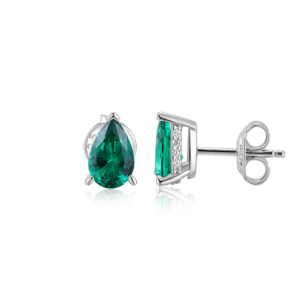 Pear stud earrings with emerald simulants in sterling silver