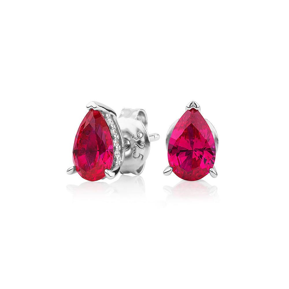 Pear and Round Brilliant stud earrings with ruby and diamond simulants in sterling silver