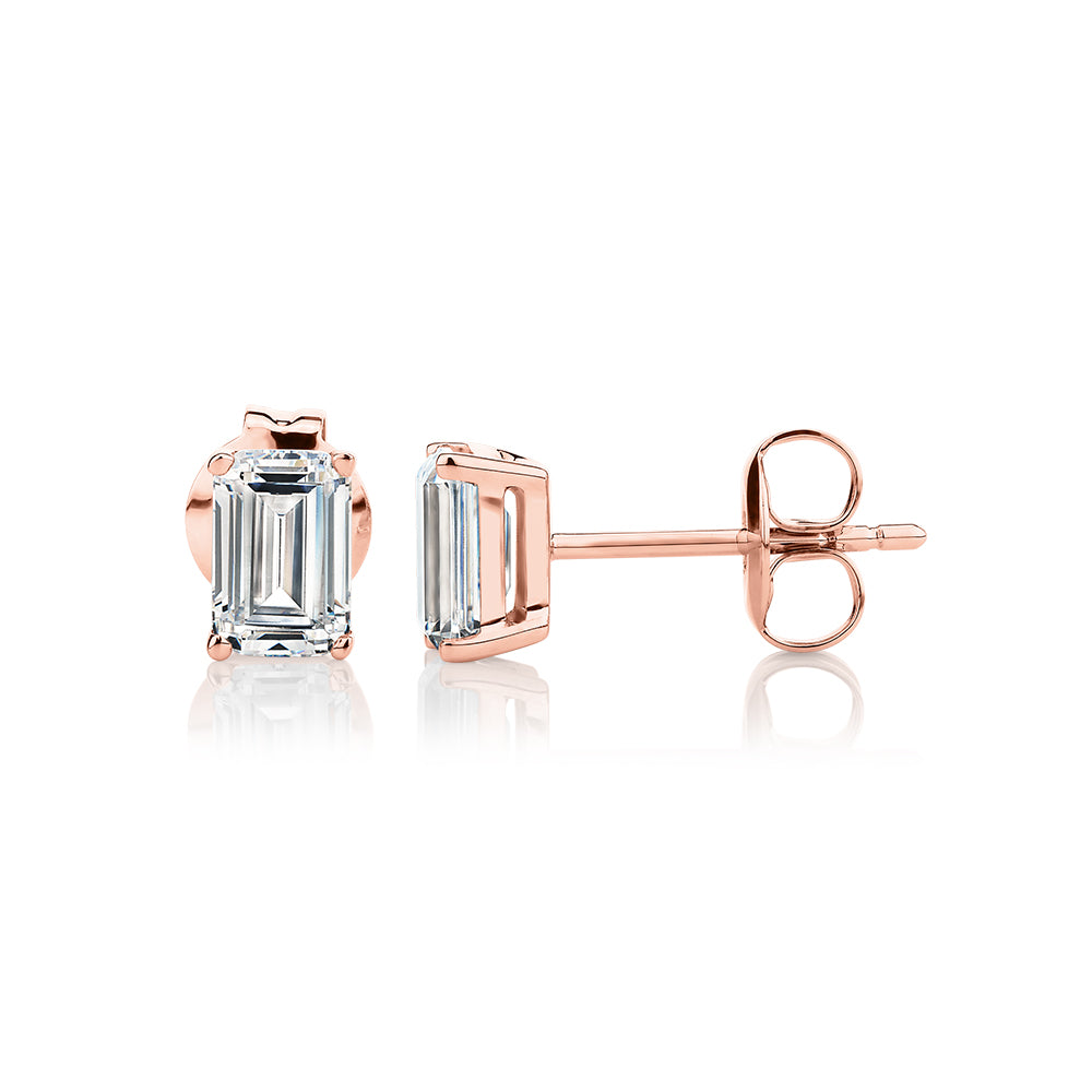 Emerald Cut stud earrings with 1 carat* of diamond simulants in 10 carat rose gold