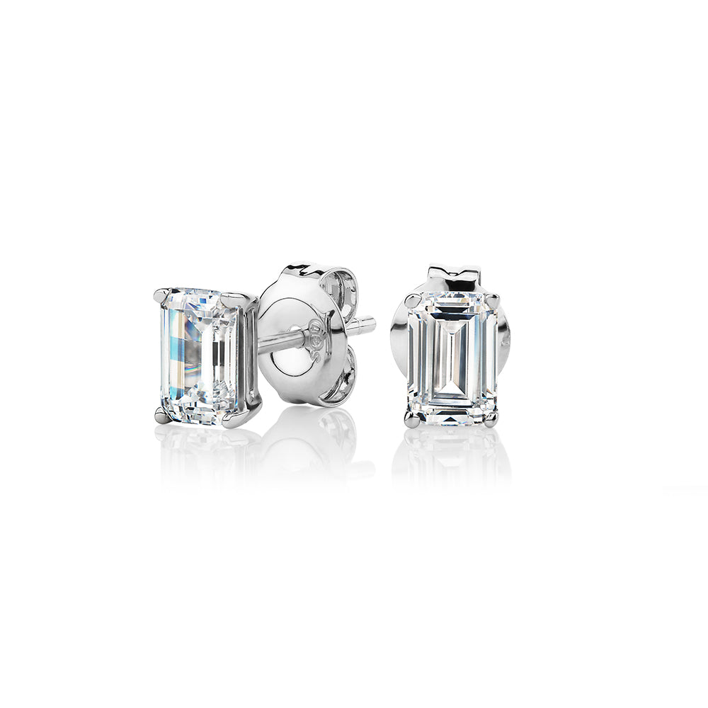 Emerald Cut stud earrings with 1 carat* of diamond simulants in 10 carat white gold