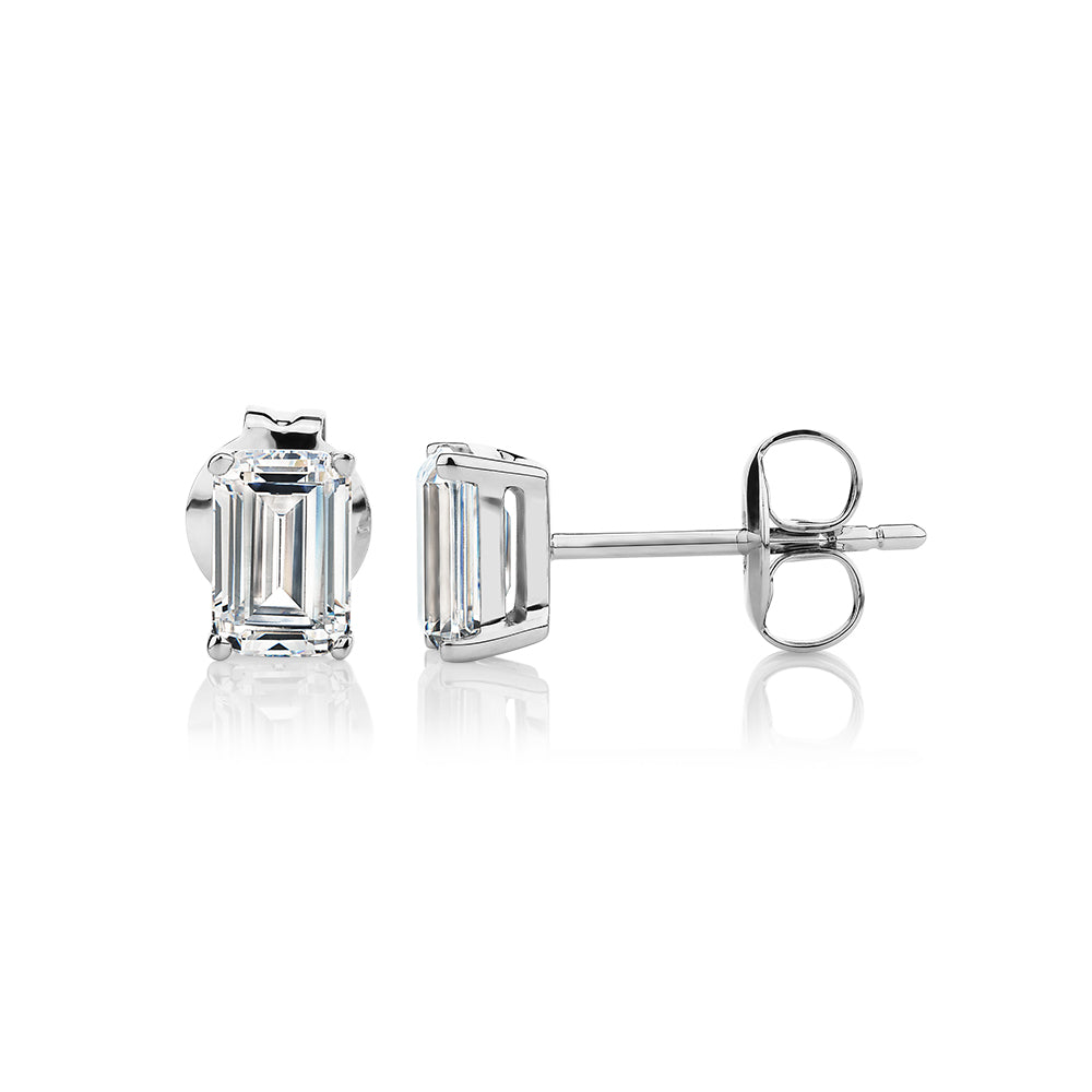 Emerald Cut stud earrings with 1 carat* of diamond simulants in 10 carat white gold