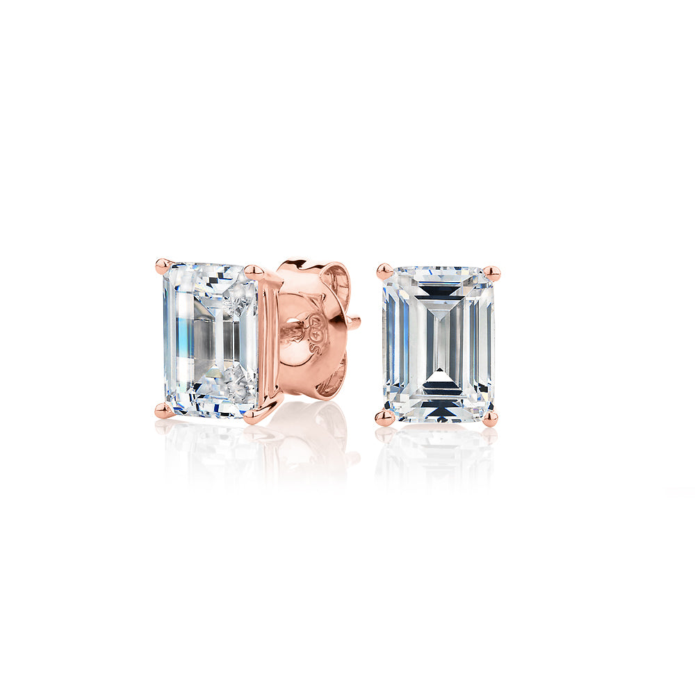 Emerald Cut stud earrings with 2 carats* of diamond simulants in 10 carat rose gold